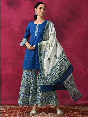 Blue Printed Kurta Sharara With Dupatta