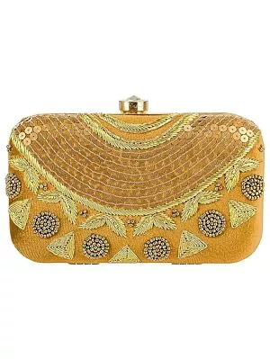 Women Embroidered Golden Box Clutch Bag Purse for Bridal 