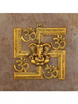Om Swastik Metal Golden Wall Hanging with Lord Ganesha