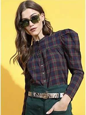 Navy Blue Checked Mandarin Collar Shirt Style Top