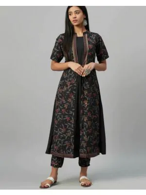Women Printed A-line Black Kurta with Pants