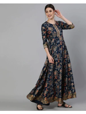 Woman Floral Print Flared Anarkali Kurta