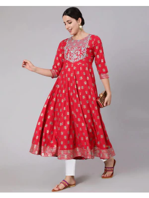 Woman Floral Print Anarkali Flared Kurta
