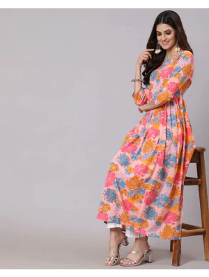 Woman Floral Print Orange Anarkali Flared Kurta