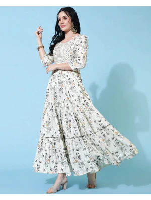 Women Leaf Print Flared Anarkali Long Kurta