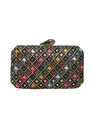 Women Black Sequins Multicolour Embroidery Clutch