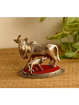 Silver White Metal Kamdhenu cow and calf statue
