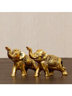 Set of 2 Golden Metal Elephants Statue, Animal Figurine Decorative Showpiece
