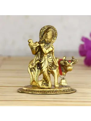 Golden Metal Lord Krishna playing Flute with Cow Showpiece