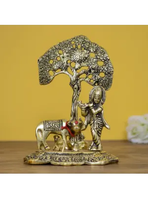 Golden Lord Krishna Idol playing Flute under Tree with Cow and Calf