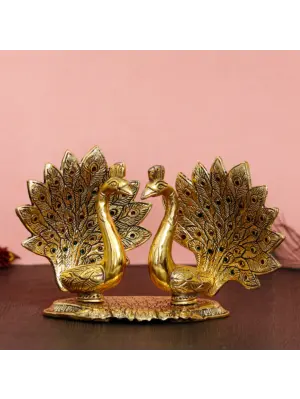 Set Of 2 Loving Golden Peacock Statue Decorative Metal Bird Figurines