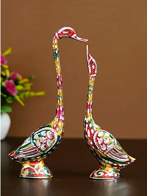 Colorful Metal Kissing Swan Couple Handcrafted Decorative Figurine showpiece