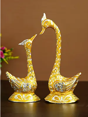 12 Inch Golden Kissing Swan Couple Handcrafted Decorative Figurine