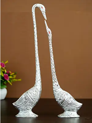 Silver Metal Kissing Swan Couple Handcrafted Decorative showpiece Bird Figurine Set