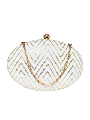 Woman White Embroidered Oval Clutch