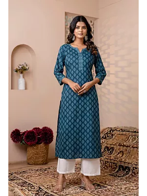 Women Teal Blue Printed Straight Kurta