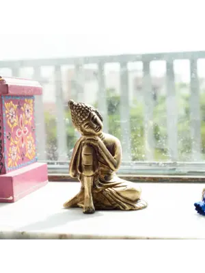 Golden Brass Buddha Resting On Knee Statue