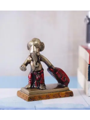 Golden and Brown Brass Ganesha Idol Carrying Happiness Around The World Showpiece