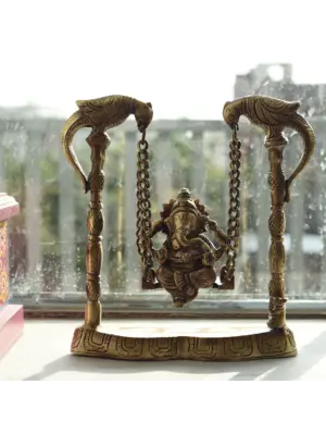 Gold Brass Lord Ganesha on parrot Swing (Jhoola)