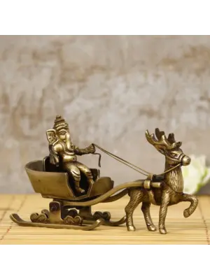 Gold Brass Ganesha Enjoying Ride With Deer Cart Decorative Showpiece