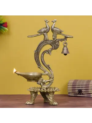 Golden Antique Finish Decorative Handcrafted Peacock Couple Brass Diya with bell Stand