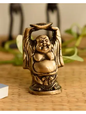 Standing Laughing buddha statue holding a gold ingot, with his hands upright