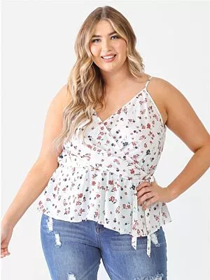 Plus Floral Sleeveless Wrap Neck Flare Hem Top