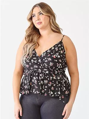 Plus Floral Sleeveless Wrap Neck Flare Hem Top