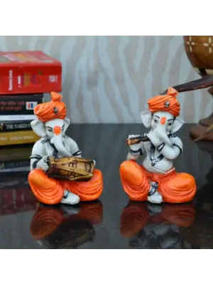 Set Of 2 Lord Ganesha Idols Playing Dholak And Flute