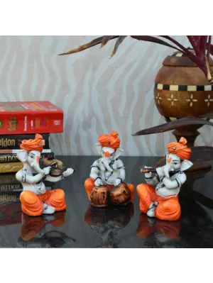 Orange Set of 3 Ganesha Idols Playing Violin, Tabla and Flute Musical Instruments