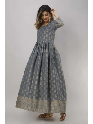 Women Printed Viscose Rayon Flared Kurta  (Grey)