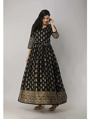 Women Printed Viscose Rayon Flared Kurta  (Black)