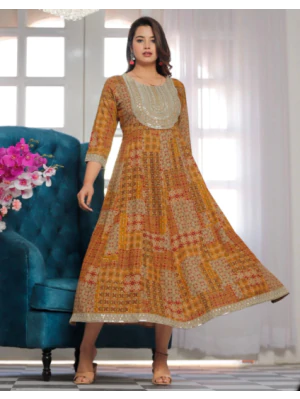 Women Printed Viscose Rayon Anarkali Kurta (Gold, Multicolor)