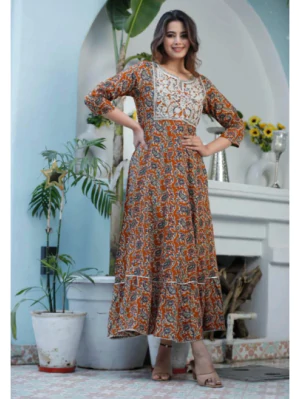 Women Printed Viscose Rayon Gown Kurta (Multicolor)
