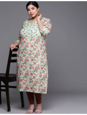 Women Plus Size Green & Orange Ethnic Motifs Printed Mirror Work Kurta