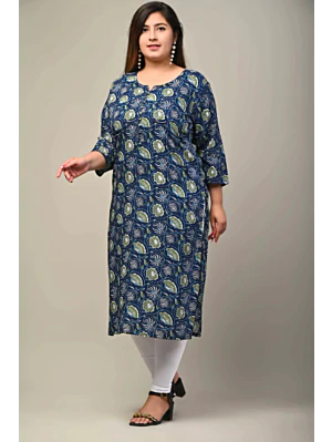 Women Plus Size Blue Pure Cotton Printed Straight Kurta