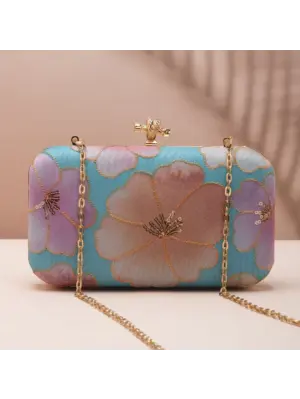 Woman Pastel Blue Base Floral Printed Fabric Clutch