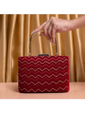 Women Red Zigzag Pattern Embroidery Party Clutch