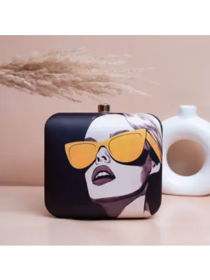 Women Black Based Women Portrait Printed Clutch