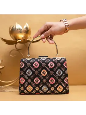 Women Black Multicolor Sequins Embroidery Clutch
