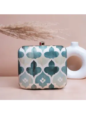 Woman White Based Teal Leaf Pattern Printed Clutch