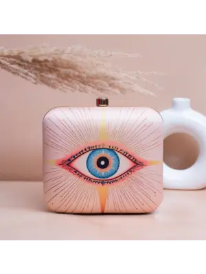 Woman Beige Based Evil Eye Printed Clutch