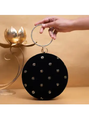 Woman Black Sequins Embroidery Fabric Round Clutch