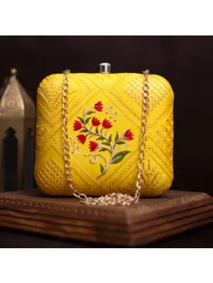 Women Yellow And Red Floral Embroidery Clutch
