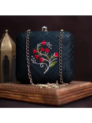 Woman Black And Red Floral Embroidery Clutch