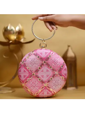 Woman Pink And Golden Sequins Round Party Clutch