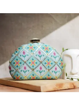 Woman Blue Sequins Embroidery D-shape Clutch