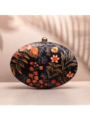 Woman Orange Floral And Leaves Printed Oval Clutch