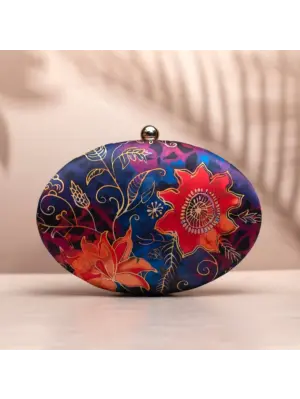Woman Blue Batik Print Oval Clutch