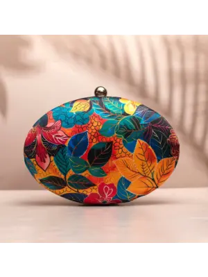 Woman Multicolor Batik Leaves Printed Oval Clutch